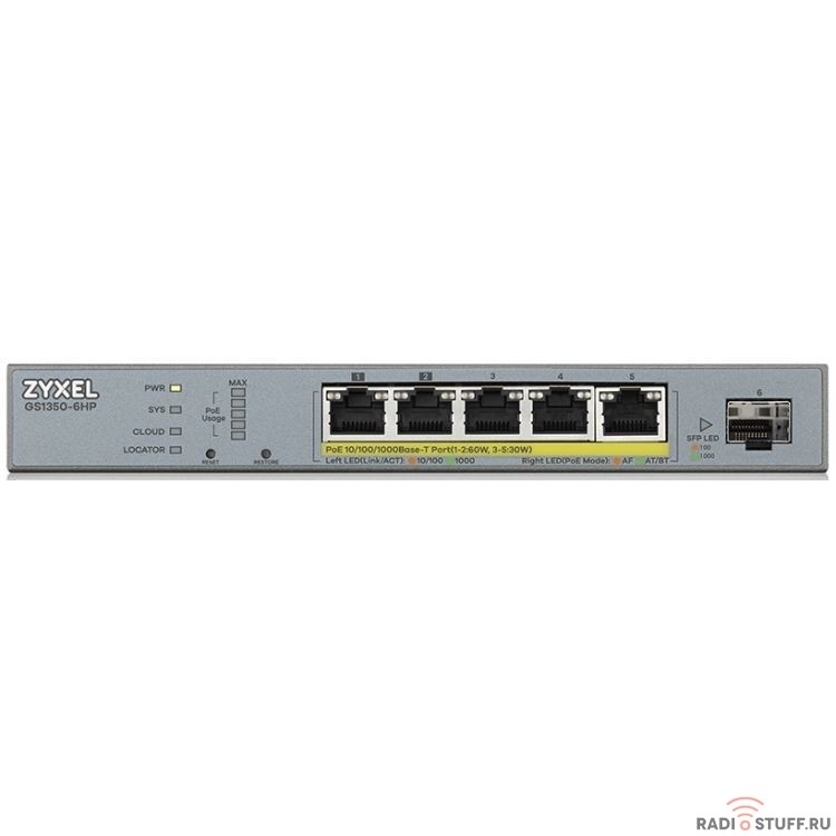 ZYXEL GS1350-6HP-EU0101F L2 коммутатор PoE+ для IP-видеокамер 4xGE PoE+, 1xGE PoE++ (802.3bt), 1xSFP, бюджет PoE 60 Вт, дальность передачи питания до 250 м, автоперезагрузка PoE-портов