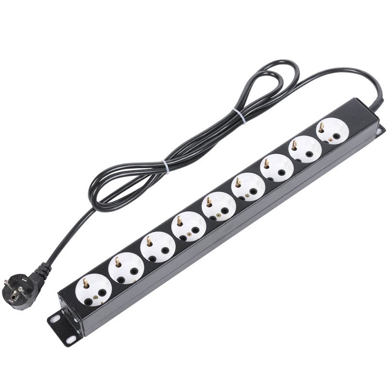 Блок силовых розеток 10А со шнуром (2 м.) 19" без выключателя, 9 розеток, цвет черный