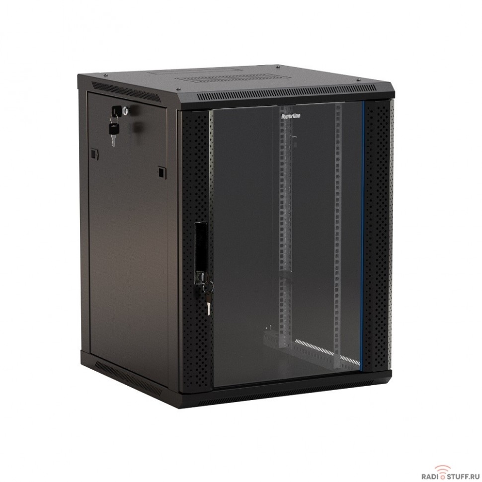 Шкаф настенный 19", 6U, (367x600х450мм), стеклянная дверь с перфорацией по бокам, ручка с замком, черный, (разобранный), Hyperline
